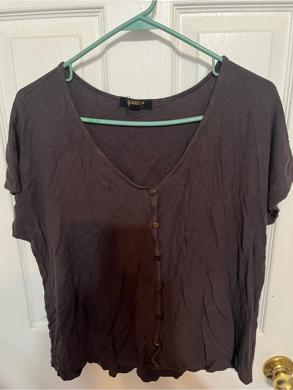 Queen Button-Front Short Sleeve V-Neck Top in Brown